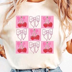 INAWLY Plaid Cherry, Flirty Bow, Pink Valentine's Day Flirty Round Neck Women's